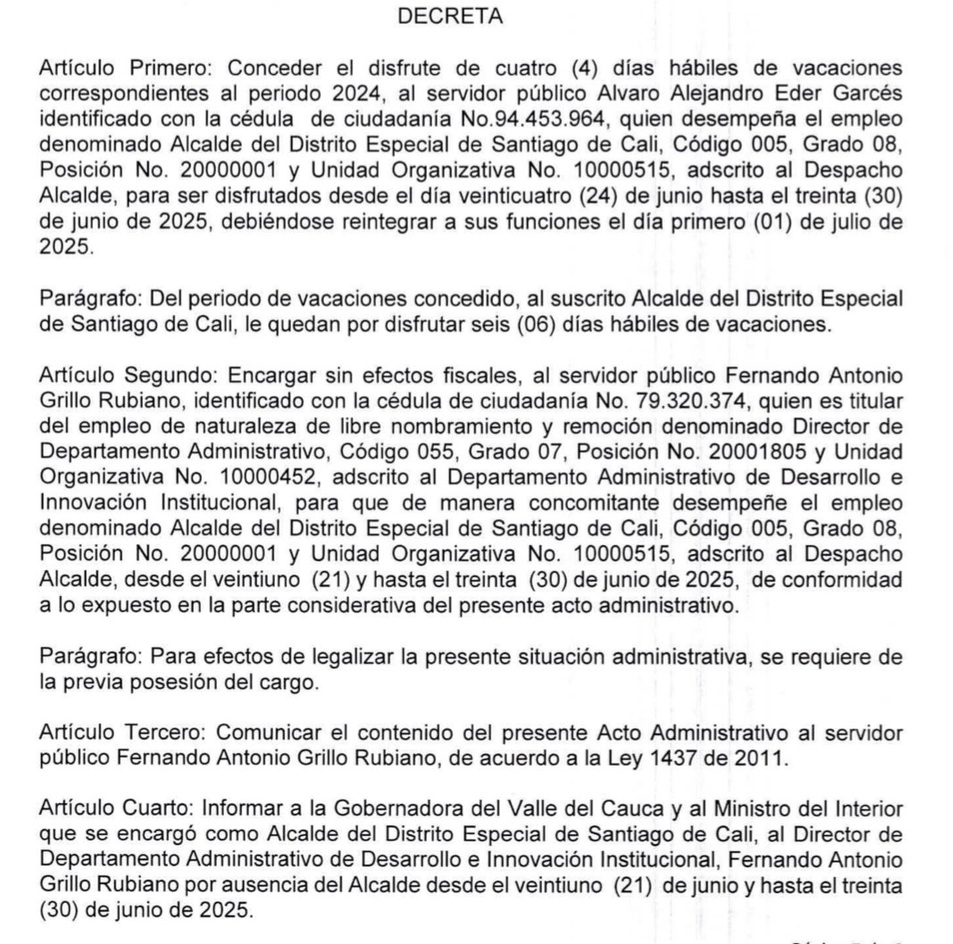 AnaErazoR's tweet photo. ¿Por qué en el decreto que otorga vacaciones al alcalde @alejoeder, quien queda como alcalde encargado es el director del @DADIICali y no el Secretario de @GobiernoCali, el señor @DiegoHau, quien por jerarquía funcional y orden preferente, debería ser quien asuma esas competencias? 

¿El secretario @DiegoHau tampoco está disponible en la ciudad? ¿Se fueron más funcionarios de vacaciones?