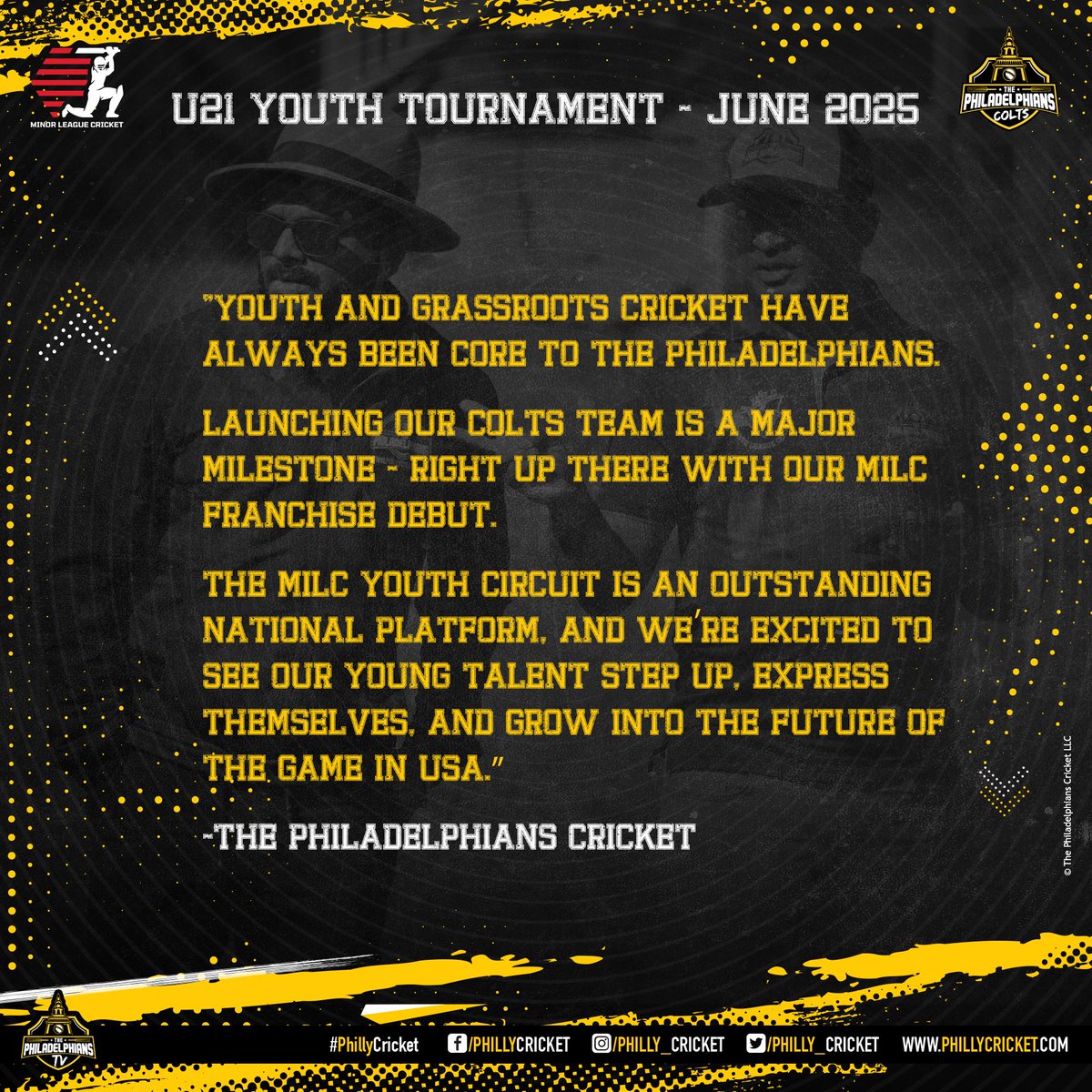 The Philadelphians Cricket (@philly_cricket) on Twitter photo An exciting phase begins for #PhillyCricket!
Announcing the launch of our youth team β The Philadelphians Colts! π
The #PhillyCricketColts debut this week at the <a href="/MiLCricket/">Minor League Cricket</a> U21 Youth Tournament in Houston, TX.
Weβre pumped. Are you? π₯ππ
#Philadelphia #Youth #USA #Cricket An exciting phase begins for #PhillyCricket!
Announcing the launch of our youth team β The Philadelphians Colts! π
The #PhillyCricketColts debut this week at the <a href="/MiLCricket/">Minor League Cricket</a> U21 Youth Tournament in Houston, TX.
Weβre pumped. Are you? π₯ππ
#Philadelphia #Youth #USA #Cricket