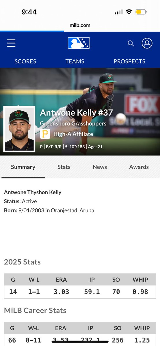 RHP Antwone Kelly has been promoted from High A Greensboro to Double AA Altoona. Impressive start to the 21 year olds season. #Pirates