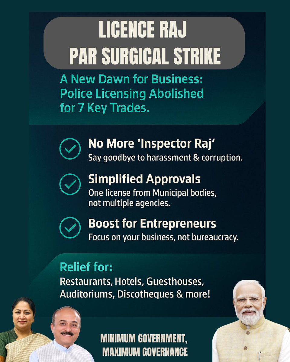 Licence Raj पर Surgical Strike!
PM श्री <a href="/narendramodi/">Narendra Modi</a> जी के मार्गदर्शन और गृह मंत्री श्री <a href="/AmitShah/">Amit Shah</a> जी की निगरानी में, दिल्ली की मुख्यमंत्री श्रीमती <a href="/Gupta_Rekha/">Rekha Gupta</a> के निर्णायक नेतृत्व में यह ऐतिहासिक निर्णय लिया गया है।
सरकार बनने के 125 दिनों के भीतर ही, 'Minimum Government,
