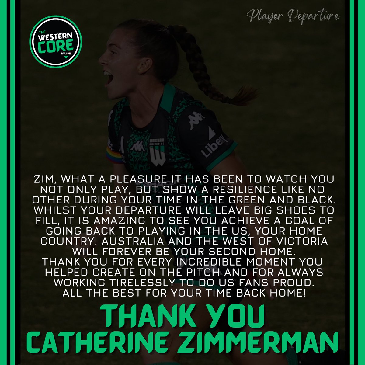 Last week the club announced the departure of Catherine Zimmerman as she heads off on an exciting opportunity back home in the US 🇺🇸

Thank you for everything Zim, it’s been a pleasure to watch you in our colours 💚🖤

wufc.com.au/news/catherine…

#ALW #ALeagueWomen