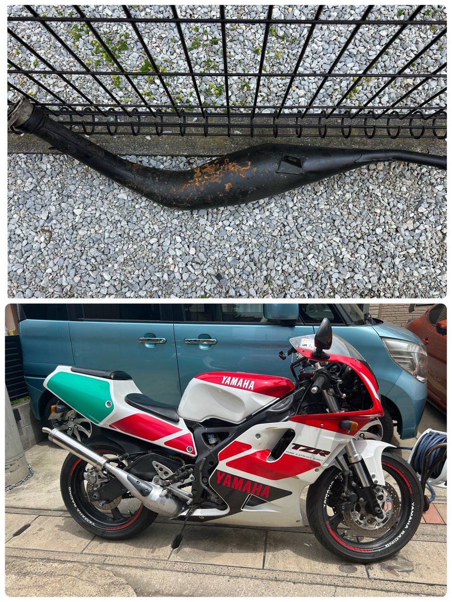91_tzr's tweet photo. 放置してたドッグファイトチャンバーの錆が酷くなってきたので、近いうちに磨いて再塗装します💦
その間は久しぶりの純正チャンバー‼️ https://t.co/6OPAcZtkWE
