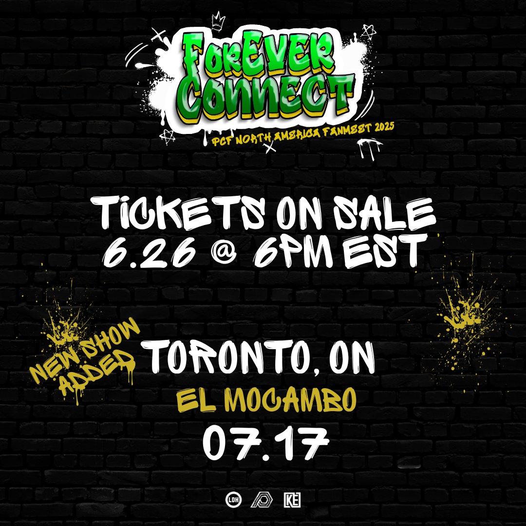 KonnectdEnt's tweet image. "ForEVER CONNECT PCF NA FANMEET 2025"
Additional show is officially confirmed!
追加公演決定!
┈┈┈
7/17 Toronto, Canada
El Mocambo: Under the Neon Palms
┈┈┈
Tickets on sale 6/26 @ 6PM EST
Fan Frames on sale 6/27 @ 6PM EST
Tickets will be on sale at wearekonnectd.com/pcf-forever-co……