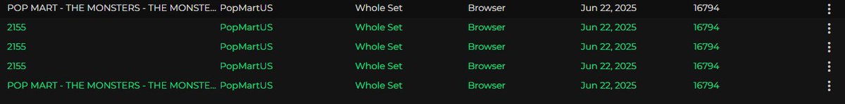 💥 @3000794 just locked 5 whole Pop Mart sets (4× #2155 + The Monsters) on PopMartUS via browser for $16,794 each on 6/22/25. NSB3’s ghost-queue ripped through checkout—stress: 0, hype: 🚀