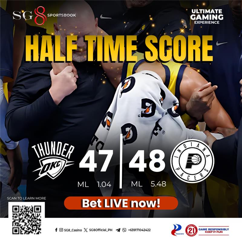 SG8Official_PH's tweet photo. Lamang ang Indiana Pacers sa halftime, 48-47!
Wala si Haliburton sa court dahil sa injury — kaya ba ng bench saluhin ang bigat ng OKC pressure? 🔥
Hihina ba si Shai sa 2nd half, o mas lalayo pa sa lamang ang Pacers?
🏀 Tutok lang at tumaya nang live sa SG8 Sportsbook!
🔗 Bet na dito >> https://t.co/TtrZp5WTGO

#sg8casino #nbafinals #OKC #PACERS #NBAFinals