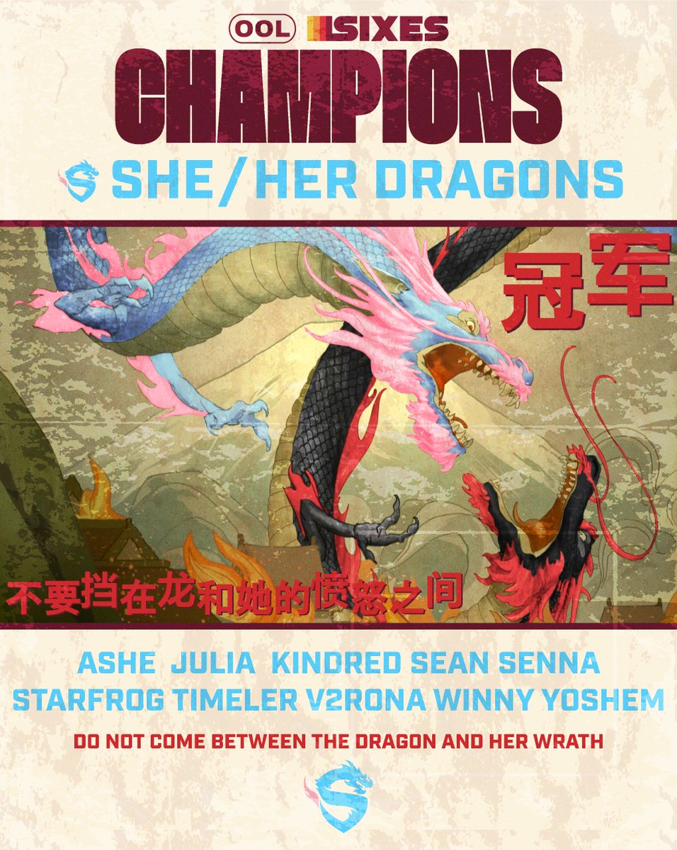 OOLgg_'s tweet image. Congratulations to your OOL SIXES Champions, the She/Her Dragons!

@AsheWasTaken 
@juwliaX3 
@kindredOW
@romcom2006
@Sennaxoo
@Sp7rkle
Timeler
@easter56886435 
@Automaton_Winny 
@yoshem_ 

#OOL