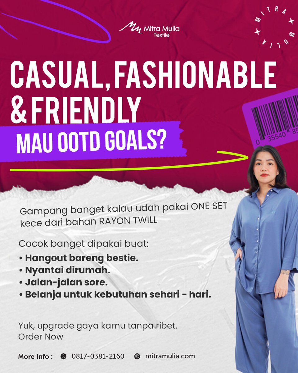 MitraMulia2's tweet photo. ✅ Hangout | ✅ Nyantai | ✅ Jalan | ✅ Belanja
Solusi gaya santai buat semua aktivitas!
📱 0817-0381-2160 | 
🌐 https://t.co/PSvpqOScJv

#DailyActivity #MitraMulia #KainBerkualitas #ProsesTeliti #PelayananTerbaik #TokoKainSurabaya #satinvelvet #toyobotojiro #benang https://t.co/n3IdPS4thw