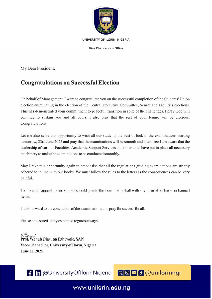 University of Ilorin, Nigeria (@unilorinngr) on Twitter photo Letter from UNILORIN VC to <a href="/UilStudentUnion/">Unilorin SU</a> President <a href="/VICTEG1/">AGEZEH VICTOR ---The Global VICTEG</a> on recent election and this week's exams
#BetterByFar🎓
#UNILORIN Letter from UNILORIN VC to <a href="/UilStudentUnion/">Unilorin SU</a> President <a href="/VICTEG1/">AGEZEH VICTOR ---The Global VICTEG</a> on recent election and this week's exams
#BetterByFar🎓
#UNILORIN