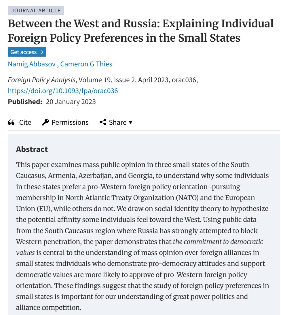 FPA_Jrnl's tweet image. Abbasov and Thies (2023) show that in Armenia, Azerbaijan, and Georgia, individuals with stronger pro-democracy attitudes are more likely to support a pro-Western foreign policy over alignment with Russia.
academic.oup.com/fpa/article-ab…