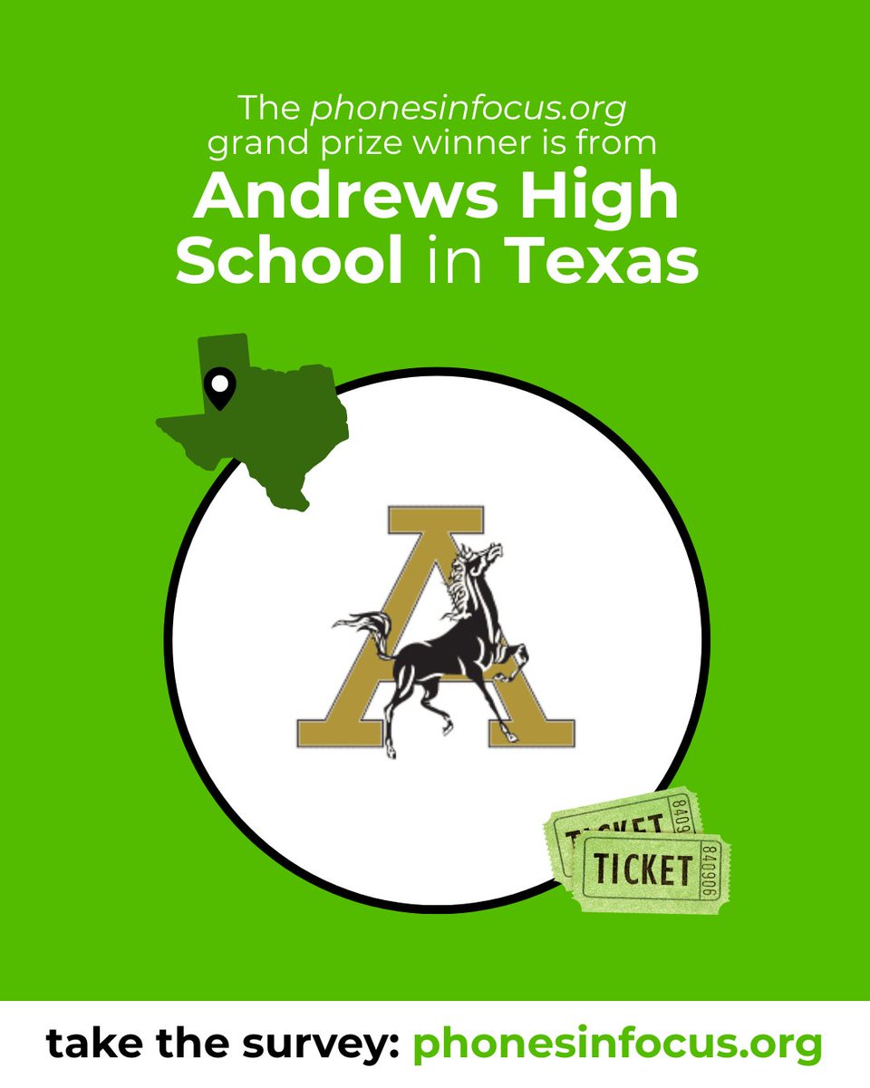 angeladuckw's tweet image. 🎉 Congrats to the GRAND PRIZE winner from @Andrews_ISD in Texas!
🏫📚 TEACHERS: take the confidential phonesinfocus.org survey to help shape policy and see how your school compares PLUS be eligible for our drawings this fall!
#PhonesInFocus #EdResearch #TeacherVoices…
