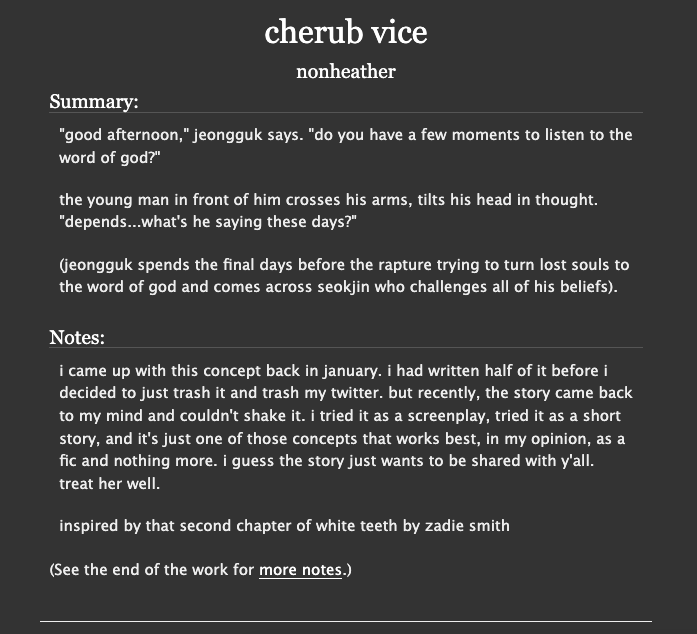 9297recs's tweet photo. cherub vice by nonheather 

→ explicit , 118,481
→ religious conflict, end of the world
→ first time, internalised homophobia
→ slow burn, alternate universe
→ family issues, churches, friendship/love
→ recreational drug use

https://t.co/fZsqlQdxcw https://t.co/JNkCLFvLtt