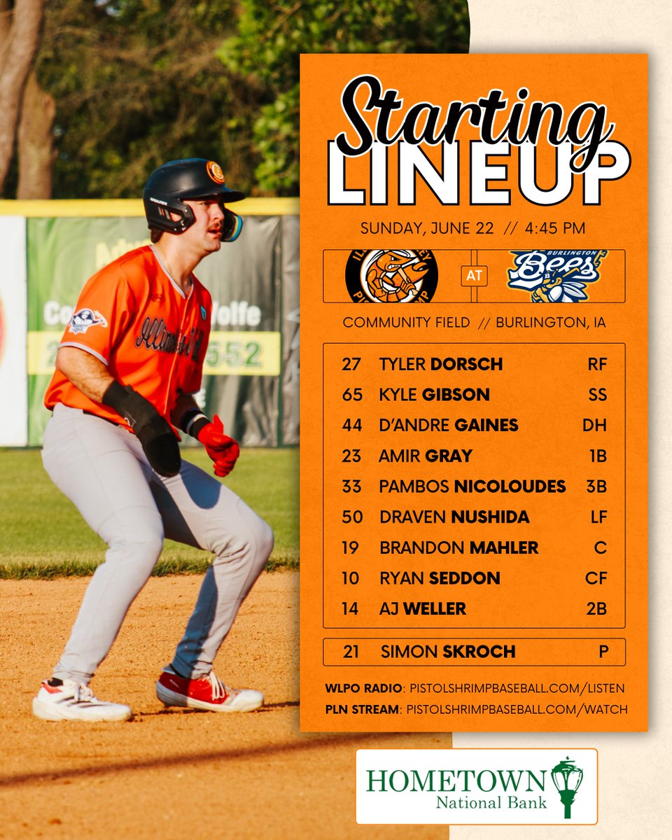 Today's Game Two Starting Lineup presented by Hometown National Bank!

Coverage on 103.9 WLPO begins at 4:45! #FearTheClaw

🎙️ - pistolshrimpbaseball.com/listen

🎥 ($) - pistolshrimpbaseball.com/watch

📈 - pistolshrimpbaseball.com/sports/bsb/202…