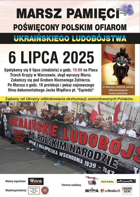 Piotr63802164's tweet photo. Bardzo ważna informacja: Marsz organizowany przez Panią:@Kasiasok123, upamiętniający Polaków, ofiary ukraińskiego ludobójstwa na narodzie polskim z l.1939-1949, odbędzie się 6 lipca 2025 roku, w Warszawie. Rozpoczęcie o godzinie 15:00 z Placu Trzech Krzyży. Około 18:00 planowana jest prelekcja z Red.@jacekmiedlar, w ramach której pokaz 2.odcinka miniserialu pt. "Sąsiedzi" w reżyserii Pana Jacka. Niniejsze plakaty promują opisane wydarzenia. Proszę dzielić się nimi ze swoimi: znajomymi, rodziną i innymi. Najlepiej jednak rozwiesić je na: tablicach, miejscach  do tego przeznaczonych, banerach reklamowych, itd.

Jestem w 100% przekonany co do tego, że dalsze wsparcie i poparcie projektu Pana: @jacekmiedlar pod tytułem "Sąsiedzi", jest jak najbardziej konieczne i mile widziane z punktu widzenia każdego patrioty, który w sposób szczególny chce zadbać o Rzeczpospolitą. W aktualnej chwili nie możemy już marudzić ani narzekać na swój byt, tylko twardo wziąć się do pracy, która może nam przynieść wymierne korzyści w godzinie próby. Nie mam bowiem żadnych wątpliwości co do tego, że jeżeli w dalszym ciągu będziemy zwlekać z popieraniem prawdziwych patriotów. którym zależy na dobrostanie Rzeczpospolitej, za niedługo znajdziemy się w naprawdę dużych tarapatach. Z tego miejsca pragnę poprosić wszystkich ludzi dobrej woli o to, aby wsparli wysiłki Pana Jacka w produkcji miniserialu pod tytułem "Sąsiedzi".