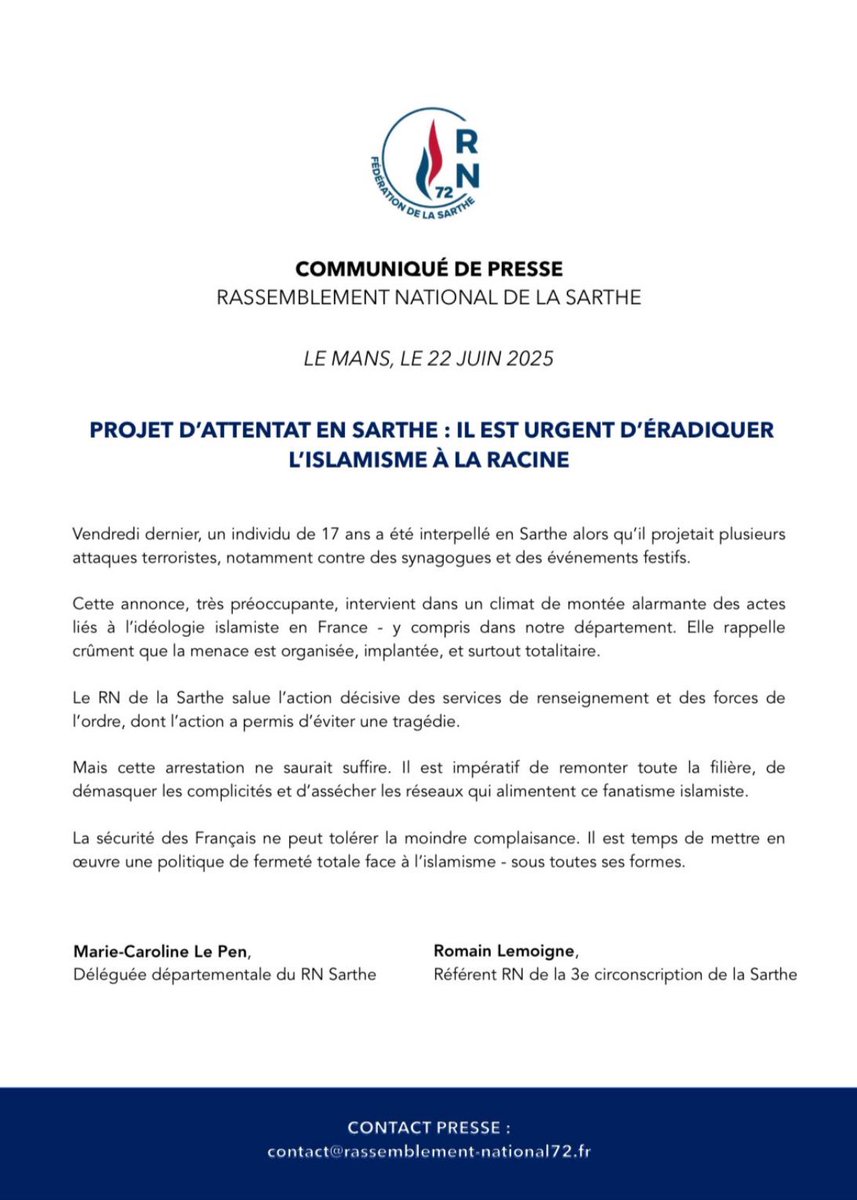 Un mineur radicalisé, arrêté en #Sarthe, projetait plusieurs attaques terroristes, notamment contre des synagogues.

🔴 Il est urgent d’éradiquer l’idéologie  totalitaire islamiste, à la racine.

📄 Communiqué du <a href="/RNSARTHE72/">RN Sarthe</a>  ⬇️