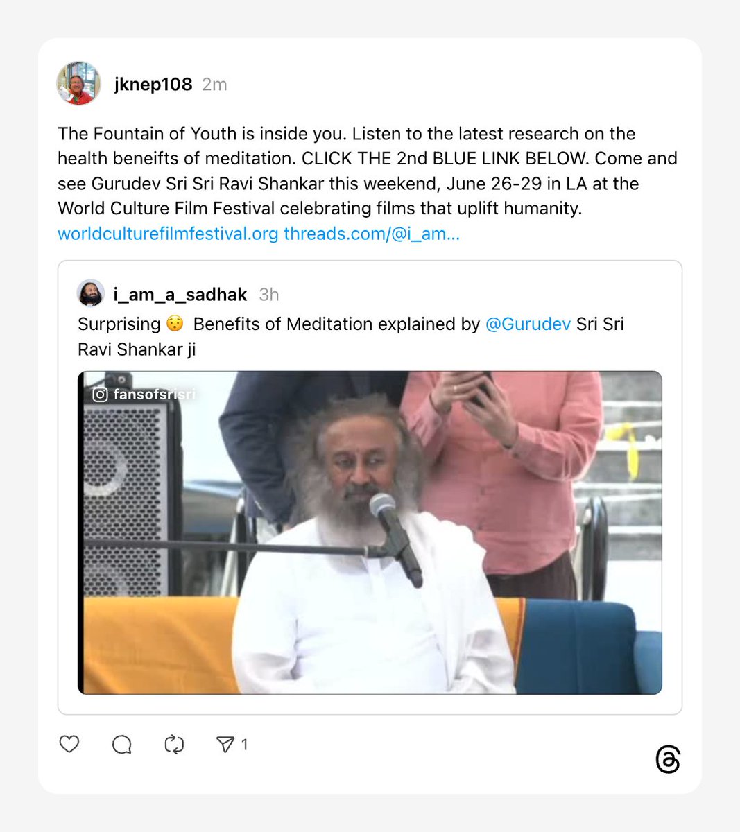 jknepper108's tweet photo. The Fountain of Youth is inside you.  Listen to the latest research on the health beneifts of meditation.  Come and see Gurudev Sri Sri Ravi Shankar this weekend, June 26-29 in LA at the World Culture Film Festival   https://t.co/vHtT38Re5M https://t.co/mgf7uimsC4 https://t.co/PUYe4PlL4t