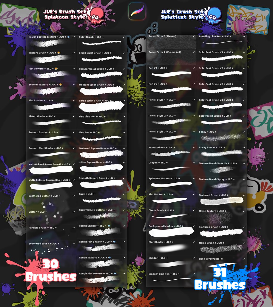 JLC171's tweet image. 🐙Splatoon Procreate Brushes!!!!🐙
I’ve made Splatoon brushes for procreate which I’ve been working on since 2022 (I think).
This brush Pack includes 61 BRUSHES put into their own set as you see below.
I hope you like them!!💖✨
(Link in thread🧵)