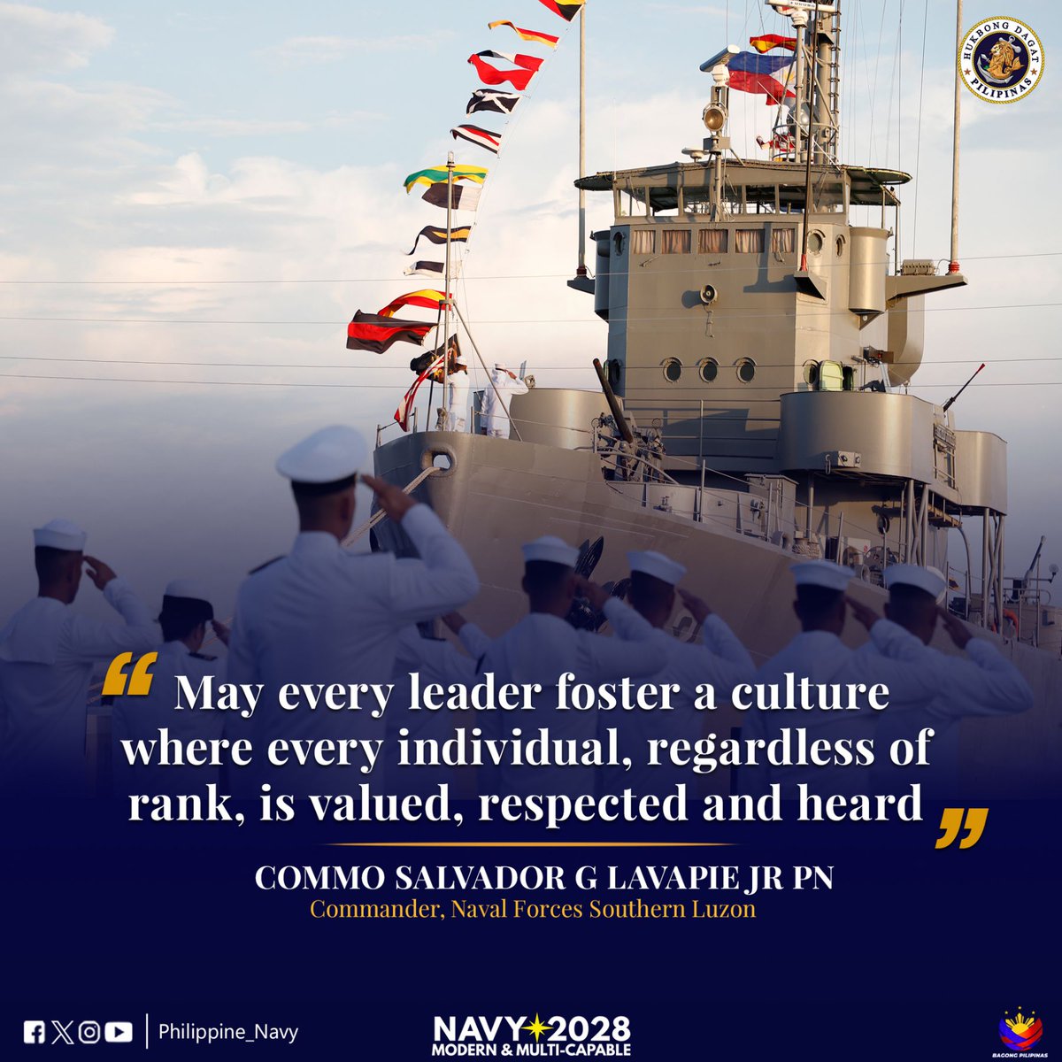 Philippine_Navy's tweet photo. READ | The Philippine Navy's Leadership Quote for the Week.

Commo Salvador G Lavapie Jr. PN
Commander, Naval Forces Southern Luzon

👉🏽https://t.co/UXFFGUnsMq https://t.co/q1qCr5y6xV