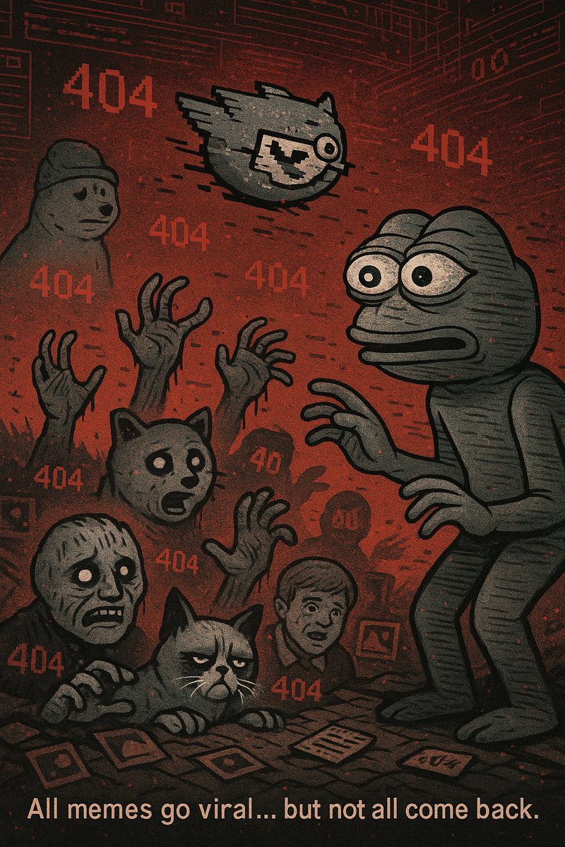 cosmic_pepe_sol's tweet photo. Cosmic Pepe - “404: The Meme Must Die” 4.3

Visual Description:
Beneath the digital floor, corrupted hands of forgotten memes begin to rise.

You see Trollface, Nyan Cat, Doge 2013, Bad Luck Brian, and even a half-loaded Success Kid, all emerging in fractured, zombie-like form — their pixelated bodies melting or frozen mid-animation.

They claw up from a sea of old JPEGs and Tumblr posts, covered in "404" tags and broken image icons.

Cosmic Pepe steps back in shock, his third eye flickering violently.

WIF whispers:

“They remember who took their place.”

Gork, now even more faded, extends a finger toward one of the hands. The hand clasps his. It’s Grumpy Cat, eyes dull but locked on Cosmic Pepe.

Environmental Notes:
The sky now flickers between old internet UIs — Geocities, Myspace, early Facebook — overlaid like haunted memories.

Caption (bottom left):

“All memes go viral… but not all come back.”

#cosmicpepe #Internet #PEPE

https://t.co/BAD2ydRKQ2