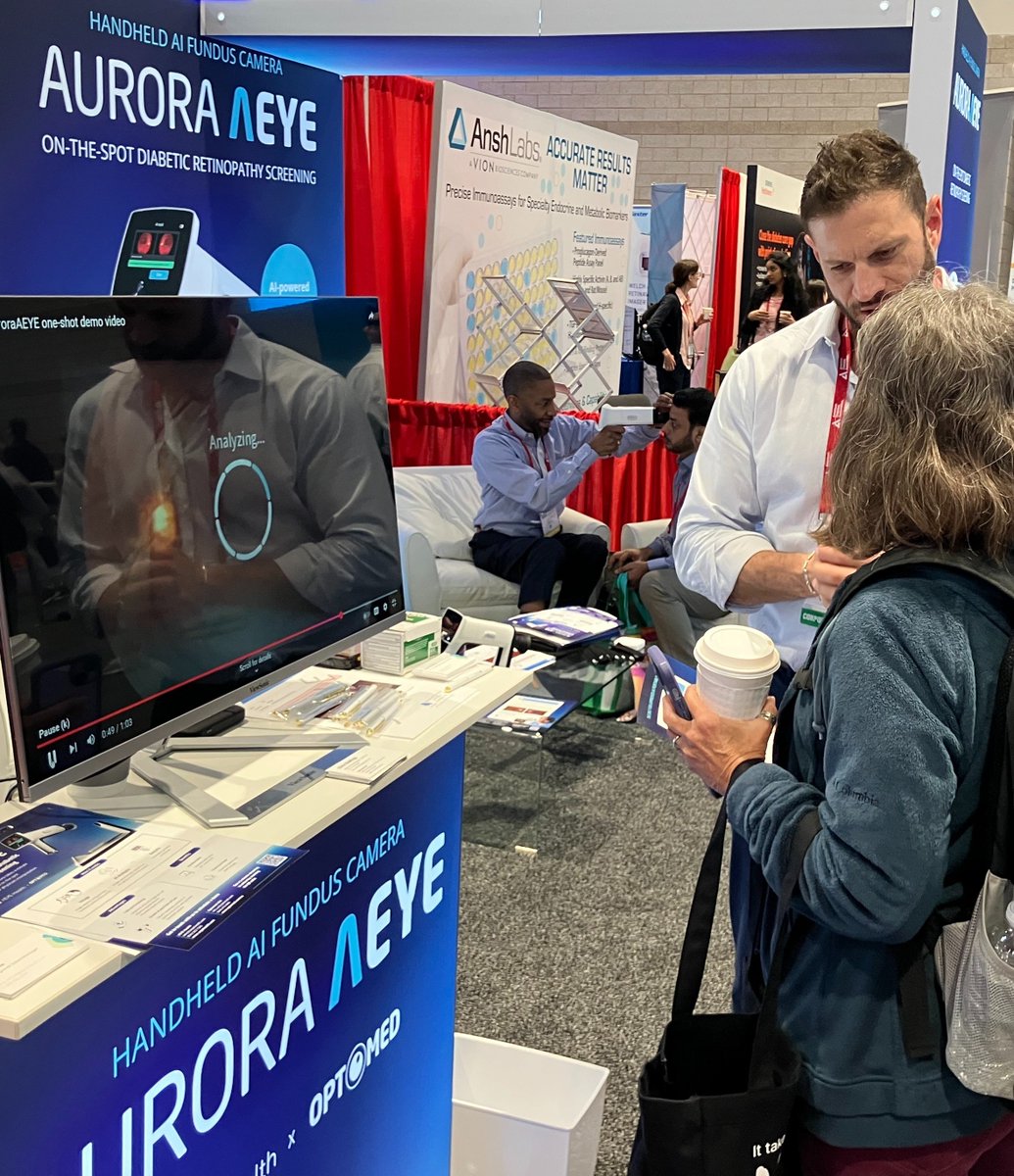 OptomedUS's tweet photo. Great energy at the ADA 85th Scientific Sessions! The Aurora AEYE pairs a handheld retinal camera with autonomous AI for quick, in-office diabetic retinopathy screening—no dilation needed. #AuroraAEYE #OptomedUS #AEYEHealth #DiabeticRetinopathy https://t.co/tnh6FsWBz6