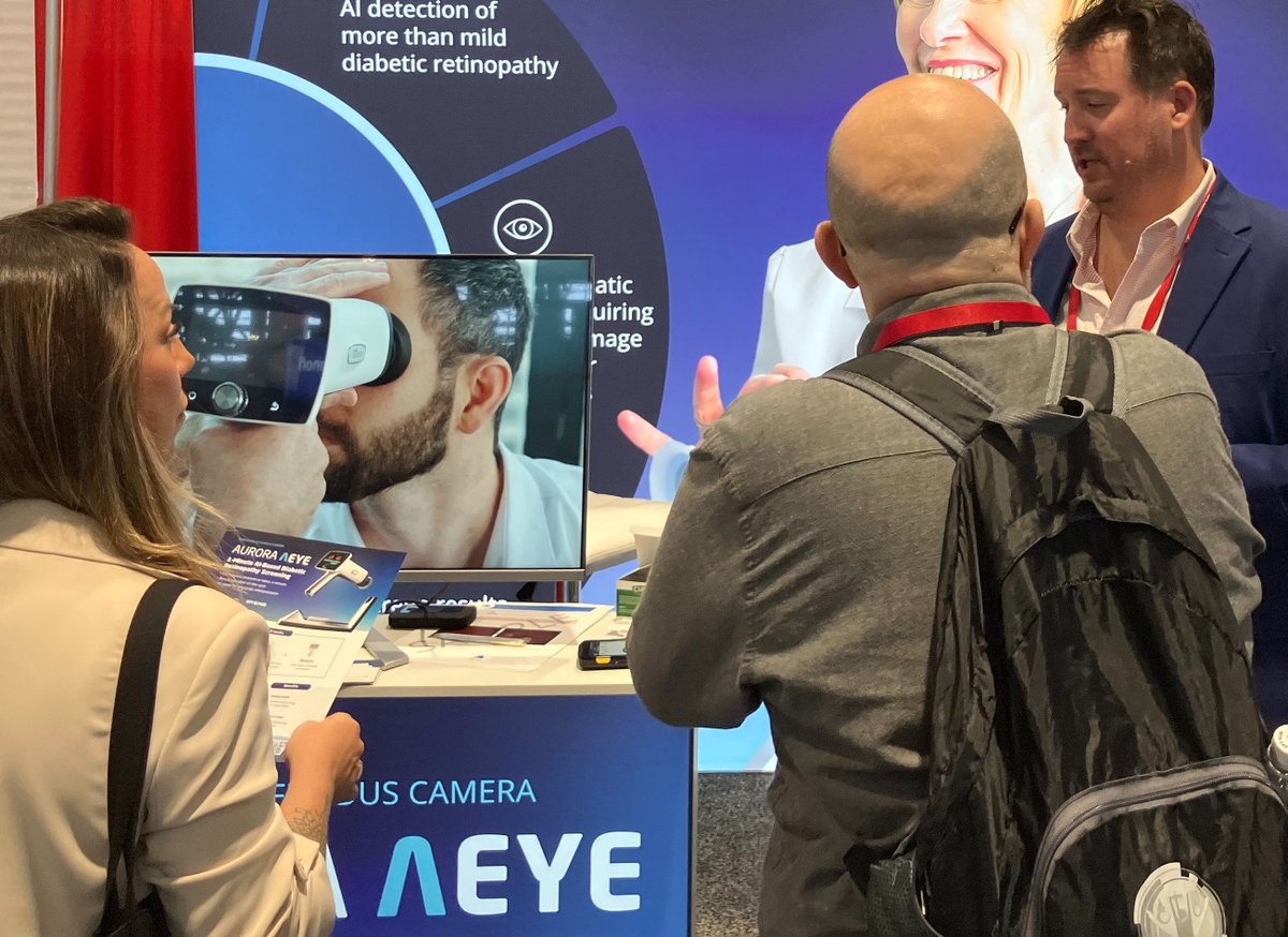 OptomedUS's tweet photo. Great energy at the ADA 85th Scientific Sessions! The Aurora AEYE pairs a handheld retinal camera with autonomous AI for quick, in-office diabetic retinopathy screening—no dilation needed. #AuroraAEYE #OptomedUS #AEYEHealth #DiabeticRetinopathy https://t.co/tnh6FsWBz6