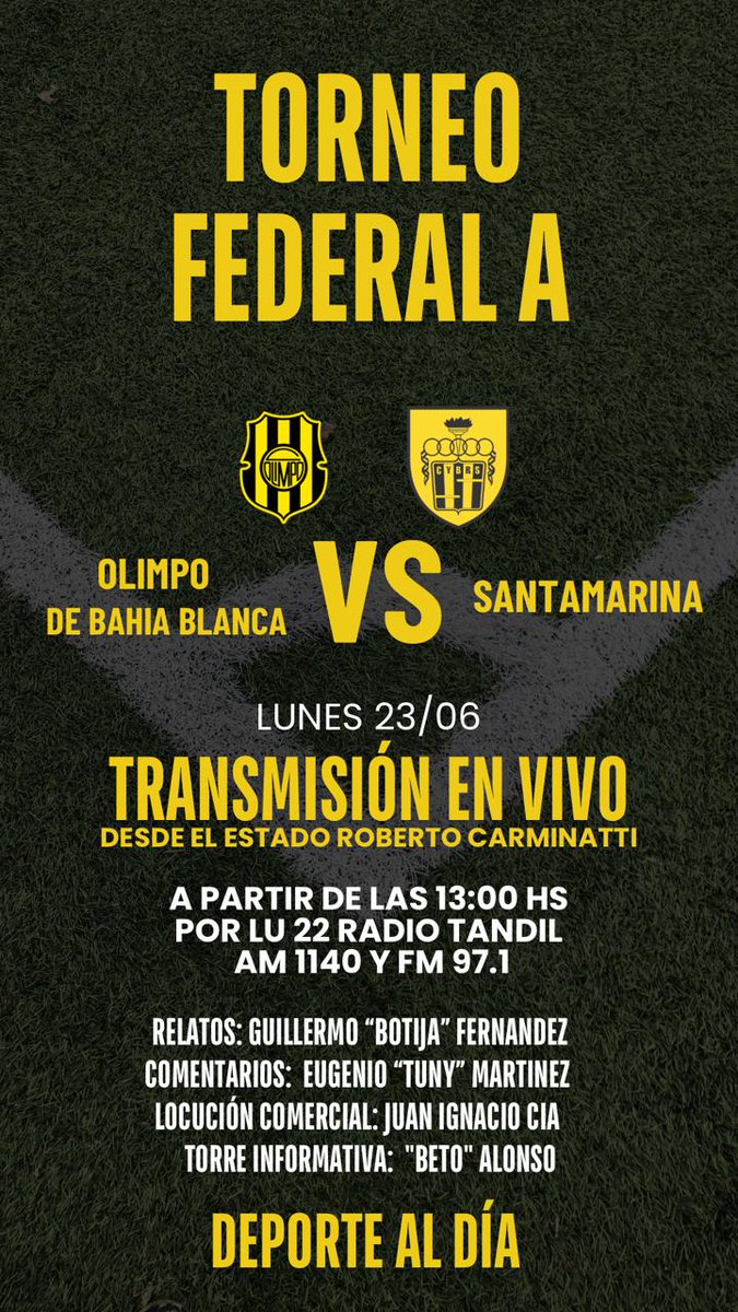 Este lunes desde las 13 viví Olimpo-Santamarina por Radio Tandil
El aurinegro visita Bahía Blanca y  ahí está nuestro equipo deportivo. Desde las 13 horas por LU22 Radio  Tandil AM 1140 y Galáctica FM 97.1
La Radio, Santamarina, Deporte al Día y vos...  Juntos a la Par!!!