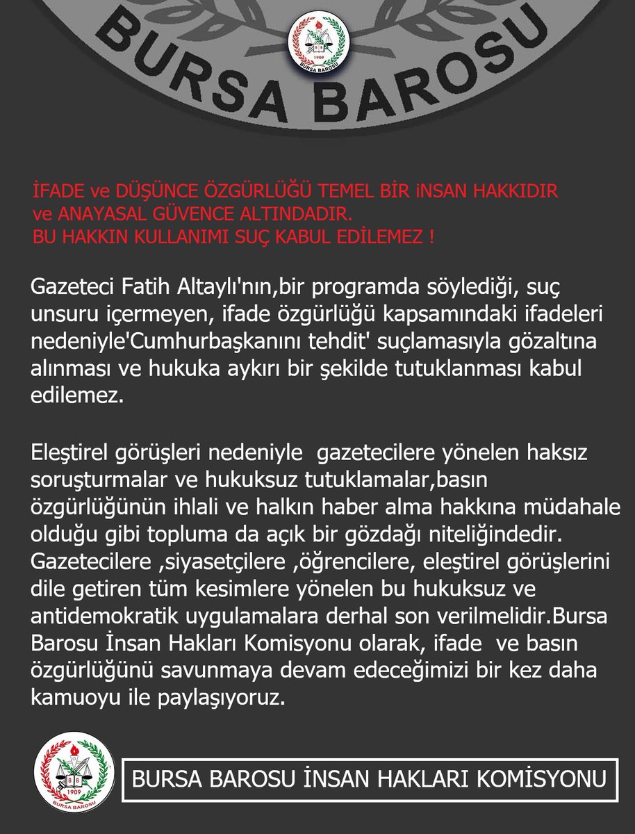 ozgryetkin's tweet photo. İfade ve düşünce özgürlüğü temel bir insan hakkıdır. Suç kabul edilemez. Fatih Altaylı, Hukuk Devletiysek serbest bırakılmalıdır. https://t.co/9q4Kaj7Ttr