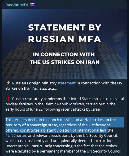 Def Mon (@defmon3) on Twitter photo This is not a joke:
"This reckless decision to launch missile and aerial strikes on the territory of a sovereign state, regardless of the justifications offered, constitutes a blatant violation of international law" - Foreign Ministry of the Russian Federation This is not a joke:
"This reckless decision to launch missile and aerial strikes on the territory of a sovereign state, regardless of the justifications offered, constitutes a blatant violation of international law" - Foreign Ministry of the Russian Federation
