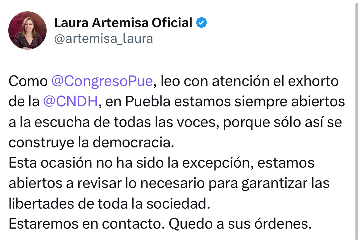 Tribuna Noticias (@noticiastribuna) on Twitter photo Señala <a href="/artemisa_laura/">Laura Artemisa Oficial</a>, presidenta del <a href="/CongresoPue/">H. Congreso de Puebla</a>, que la legislación local está abierta a atender el exhorto de la <a href="/CNDH/">CNDH en México</a>. #Puebla #TribunaNoticias Señala <a href="/artemisa_laura/">Laura Artemisa Oficial</a>, presidenta del <a href="/CongresoPue/">H. Congreso de Puebla</a>, que la legislación local está abierta a atender el exhorto de la <a href="/CNDH/">CNDH en México</a>. #Puebla #TribunaNoticias
