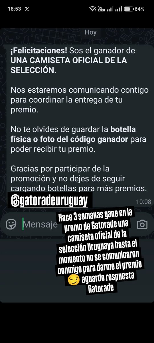 RPintos94's tweet photo. Aguardo respuesta Gatorade @Gatorade_Uy https://t.co/yn46Vy5gN9