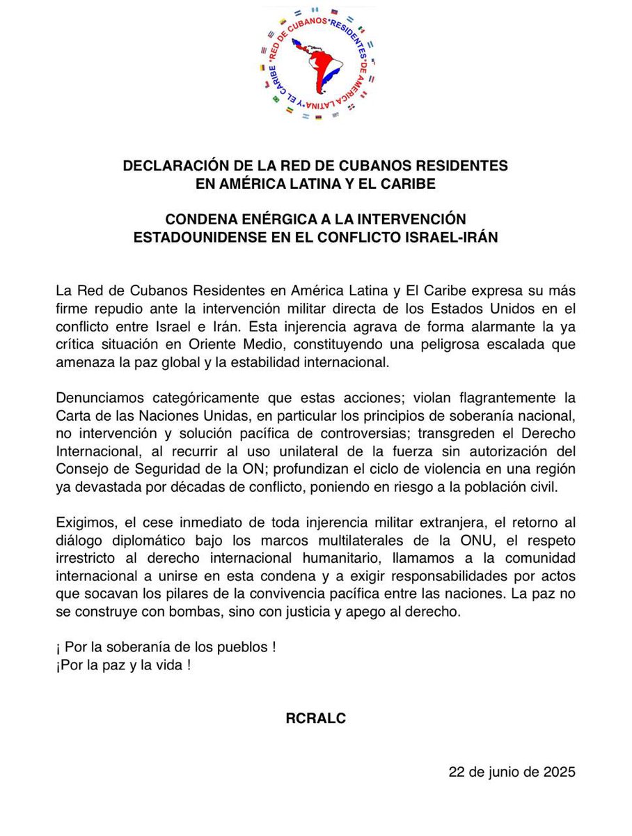 La Red de Cubanos🇨🇺 Residentes en América Latina y el Caribe condena enérgicamente la intervención de #EEUU en el conflicto #Israel-#Iran