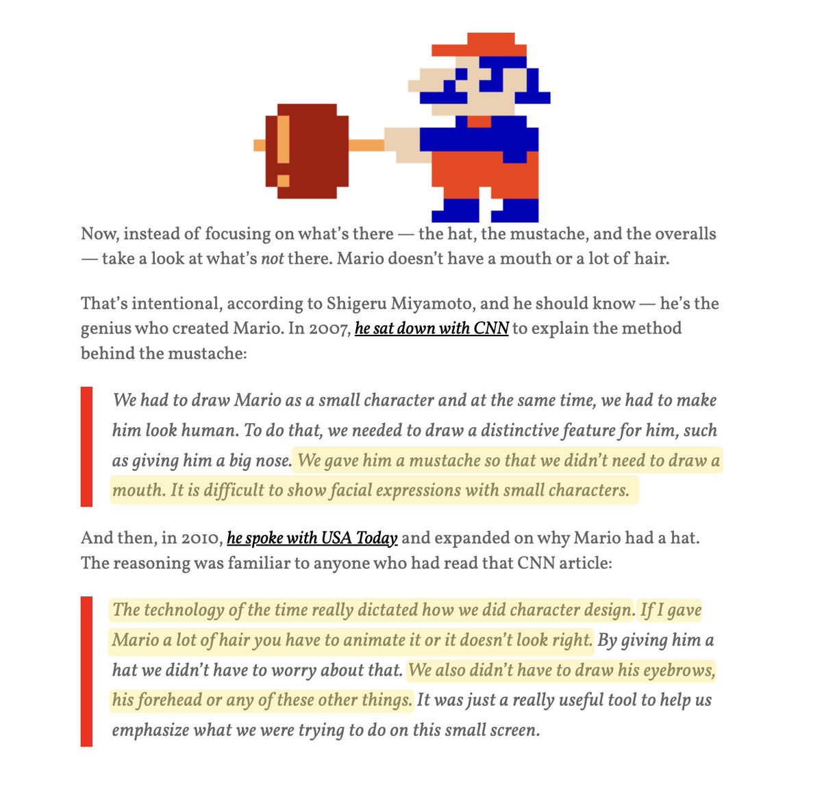 rauchg's tweet image. Constraints foster creativity. Mario has a mustache and a hat because they couldn&apos;t render a mouth, eyebrows, or animate hair with limited tech