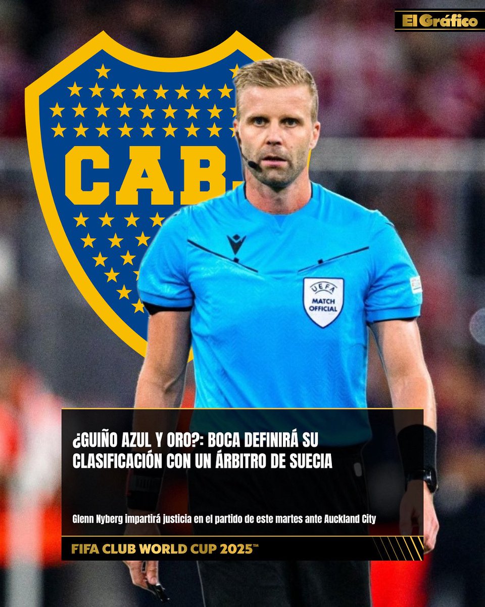 ¿GUIÑO AZUL Y ORO? 👀

⚖ Árbitro confirmado para el encuentro entre Boca y Auckland City: será Glenn Nyberg, de Suecia, cuya bandera es azul y amarilla...

➡ Tiene experiencia en torneos UEFA, Eliminatorias y Mundiales Juveniles.

🔥 El Xeneize se jugará la clasificación frente