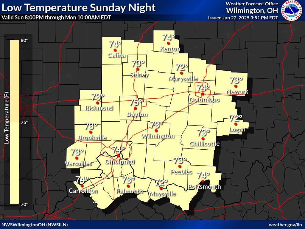 NWSILN's tweet photo. [5:59 PM] Another warmer than normal low temperature expected Monday morning.  Heat Advisory continues through Wednesday evening. https://t.co/3gHkKZFLol