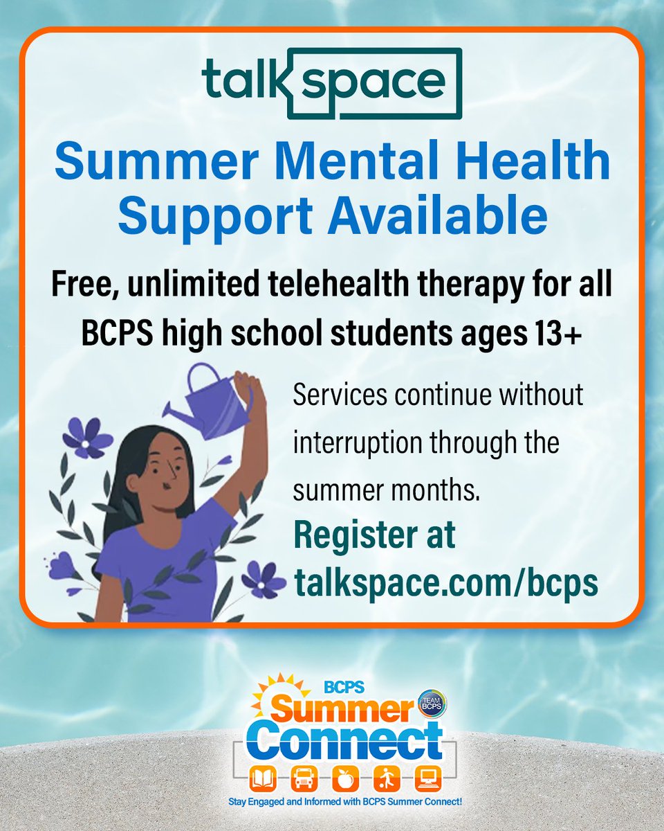💜 Help is available anytime, anywhere. @Talkspace telehealth therapy services remain available to Team BCPS high school students ages 13+ while schools are out.

Register at talkspace.com/bcps