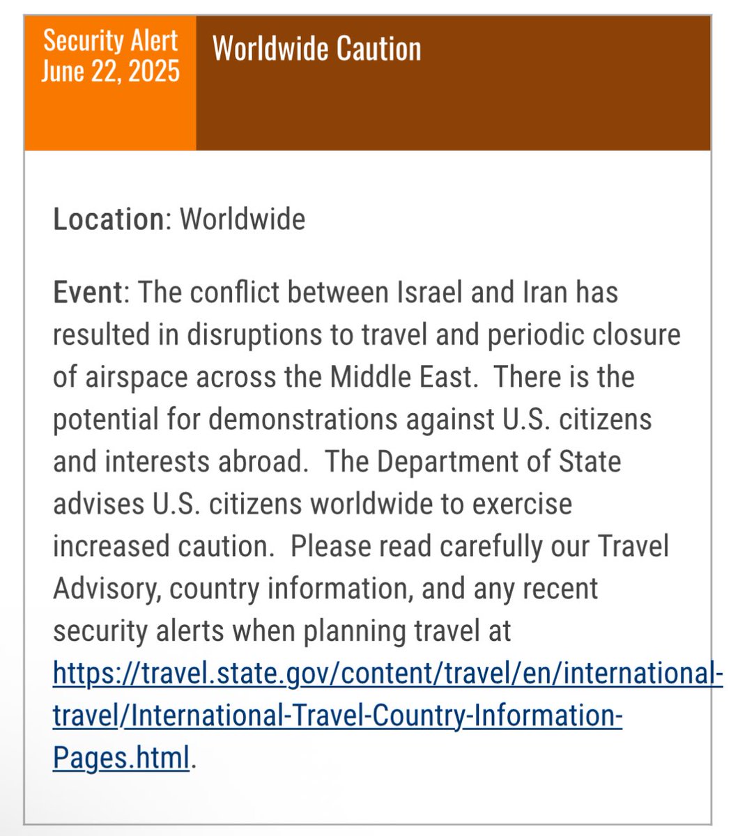 OSINTINDIA55's tweet photo. USA has issued a #caution for it's citizens worldwide to stay safe and aware due to the demonstrations and protest against USA and it's citizen after attack in iran
#alert #worldwidecaution https://t.co/tUVeQVo70F