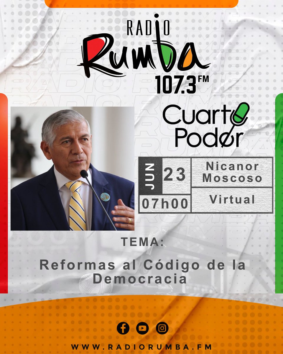 Mañana en #CUARTOPODER tendremos al Ec. Nicanor Moscoso (<a href="/nmoscosopezo/">Nicanor Moscoso</a>), ex Presidente del Tribunal Supremo Electoral, con el tema: ''Reformas al Código de la Democracia'' en la 107.3 #FM #RadioRumbaNetwork
