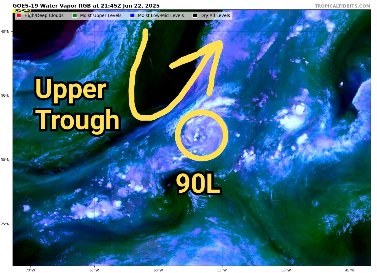 TropicalTidbits's tweet image. A weak area of low pressure east of Bermuda has been dubbed "Invest 90L", and is being monitored for possible tropical or subtropical development. A brief time window is open for the system to become further organized, but this window will close later on Monday as an upper-level…
