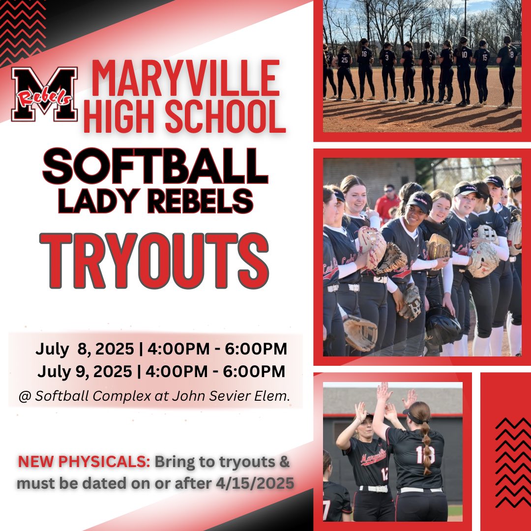 CHANGES coming to Maryville Lady Rebel High School Softball! 🥎 NEW Coaching Staff and 🥎 NEW JV team opportunity for THIS upcoming 2026 season! 
Come to tryouts on July 8th and 9th from 4pm-6pm @ Maryville Softball Complex at John Sevier Elementary. #LetsGoLadyRebels