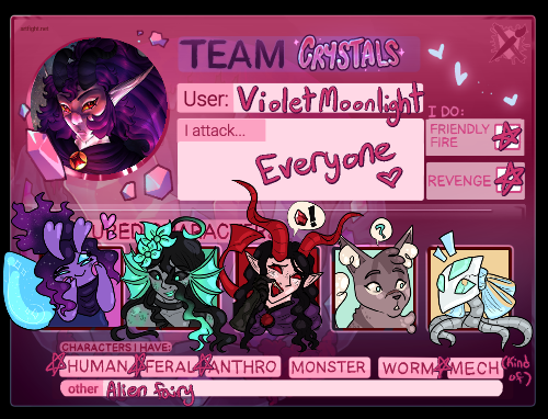 violetmoon555's tweet photo. On year four of Art Fight. I got ClanGen, D&amp;D, and more. Mostly humanoid characters with monstrous features. #artfight #artfight2025 #teamcrystals
https://t.co/zMUEJbfZpB https://t.co/DAMaeLjLcD