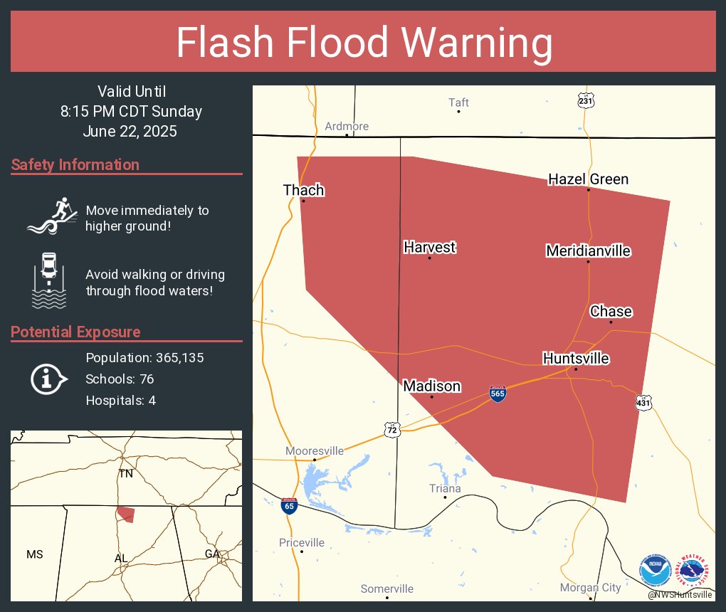 Flash Flood Warning including Huntsville AL, Madison AL and  Meridianville AL until 8:15 PM CDT