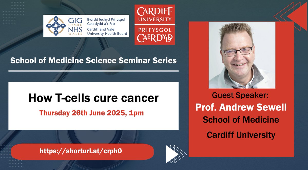 Systems Immunity Research Institute (@cusystemsimmu) on Twitter photo Science Seminar with Prof. Andrew Sewell on June 26th at 1pm entitled How #Tcells cure #cancer.
Please register at
eventbrite.co.uk/e/cardiff-univ…
<a href="/CUmedicengage/">Cardiff University School of Medicine</a> <a href="/VelindreTrust/">Velindre University NHS Trust</a> <a href="/CavMedEd/">Medical Education</a> Science Seminar with Prof. Andrew Sewell on June 26th at 1pm entitled How #Tcells cure #cancer.
Please register at
eventbrite.co.uk/e/cardiff-univ…
<a href="/CUmedicengage/">Cardiff University School of Medicine</a> <a href="/VelindreTrust/">Velindre University NHS Trust</a> <a href="/CavMedEd/">Medical Education</a>