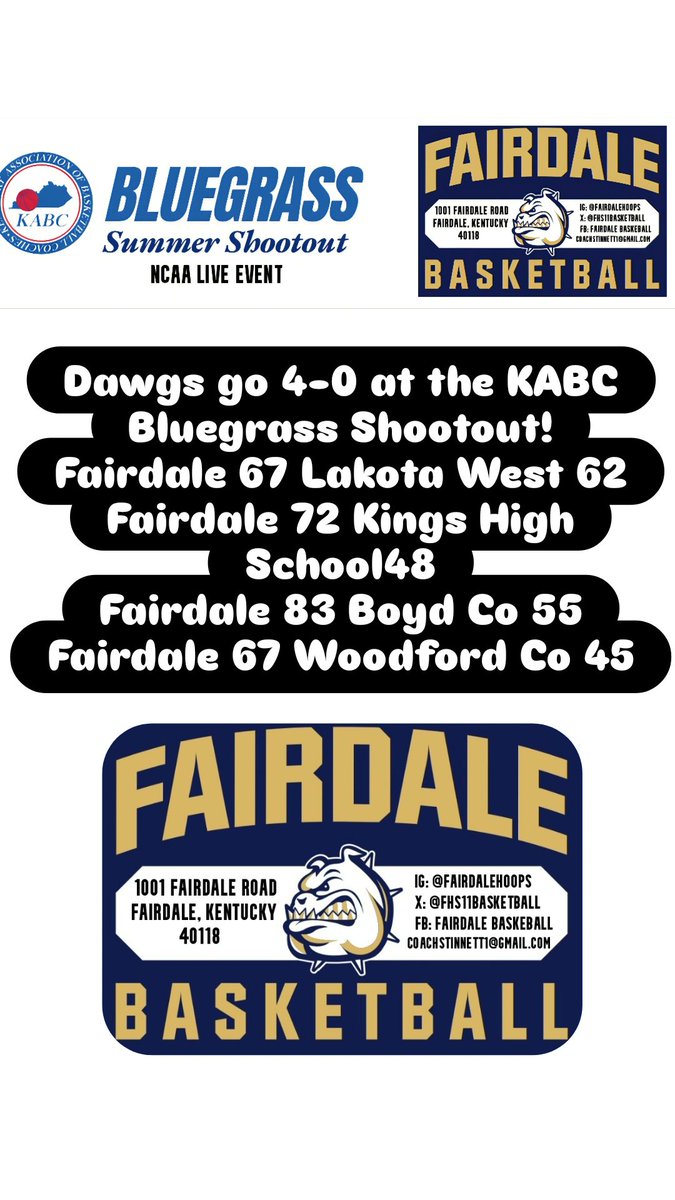 Fairdale Basketball (@fhsbasketball11) on Twitter photo Fairdale finishes with two solid wins at the <a href="/kabcshootout/">KABC Bluegrass Shootout</a> . The Dawgs defeat a highly regarded Lakota West team and a solid Kings Hill team today to finish 4-0 at the NCAA Live period event. Thanks to <a href="/Dawgs_Athletics/">FAIRDALE BULLDOGS</a> , support staff, and parents for a great June. 19-2 overall Fairdale finishes with two solid wins at the <a href="/kabcshootout/">KABC Bluegrass Shootout</a> . The Dawgs defeat a highly regarded Lakota West team and a solid Kings Hill team today to finish 4-0 at the NCAA Live period event. Thanks to <a href="/Dawgs_Athletics/">FAIRDALE BULLDOGS</a> , support staff, and parents for a great June. 19-2 overall