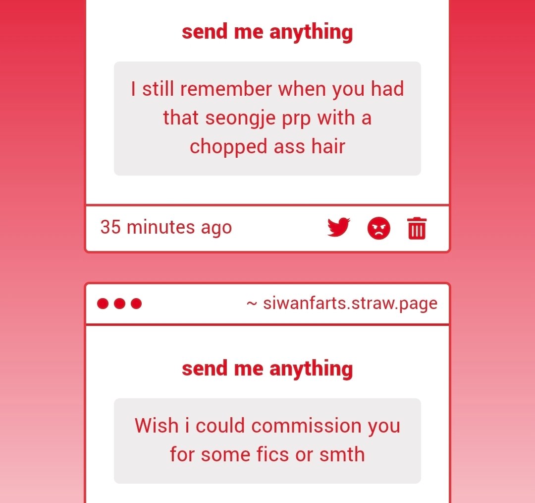 1. Thinking of making comeback with that goofy pfp after my shad0wbann is over

2. Welll u dont have to commission me bc im dumbfuck instead I have really talented writer friends and u can commission them🙏