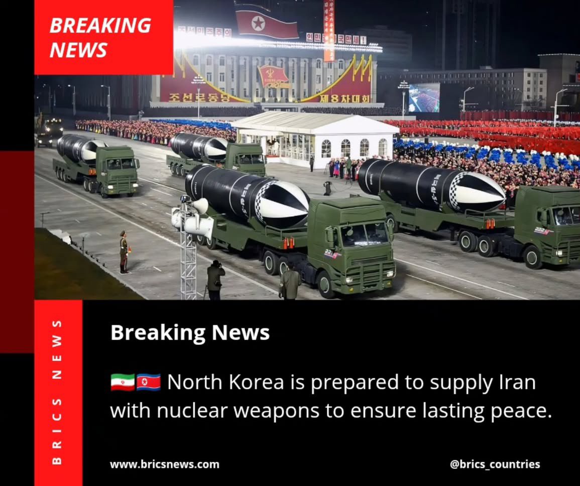bettercallabu's tweet photo. 🚨 BREAKING NEWS 🚨
North Korea Prepared to Supply Iran with Nuclear Weapons for Lasting Peace 🇰🇵🇮🇷

@IranReply | @IranUrduNew | @IRIran_Military 

#Iran #IranIsraelConflict #IranVsIsrael #IsraeliranWar #WorldWar3 https://t.co/ADUN7Za72L