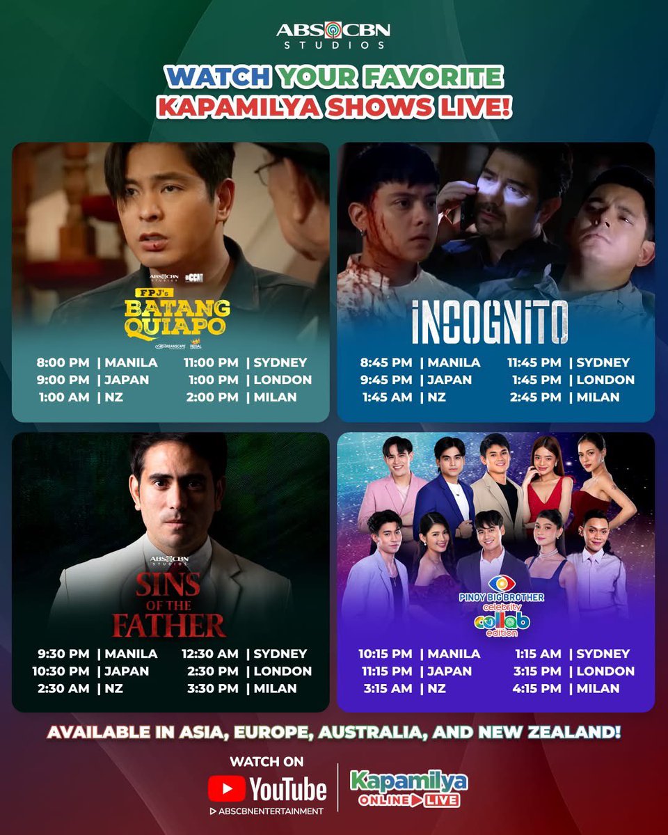 JRBcreativeprod's tweet image. May bago kang aabangan sa  #PrimetimeBida! 🤩

Watch #FPJsBatangQuiapo, #INCOGNITO, #SinsOfTheFather, and #PBBCelebrityCollabEdition LIVE!

#KapamilyaOnlineLive #BatangQuiapo
