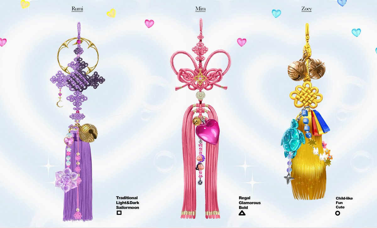 joune5064's tweet image. Norigae designs for #KPOPDEMONHUNTERS 🎀 Norigae are traditional Korean decorative pendants — the Huntrix girls rock cute, modernized versions, while their mentor Celine, from an older generation of hunters, keeps it classic in traditional style.