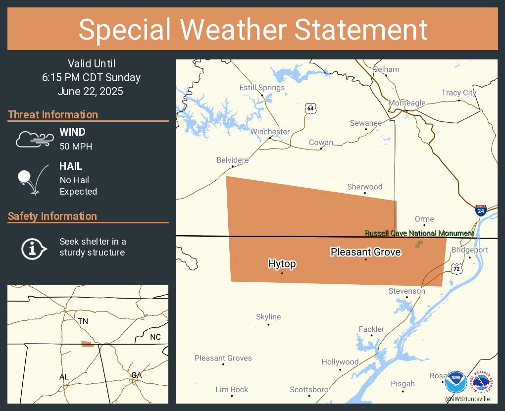 A special weather statement has been issued for Hytop AL and  Pleasant Grove AL until 6:15 PM CDT