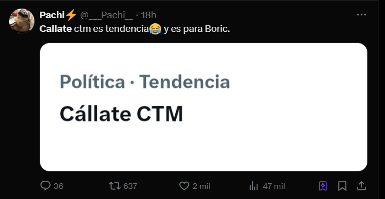 AlanCespedes_Ar's tweet photo. Ayer fue tendencia en Chile el #CallateCTM 
Adivinen para quien.
Eso. 😂 https://t.co/sN3jPBbBkr