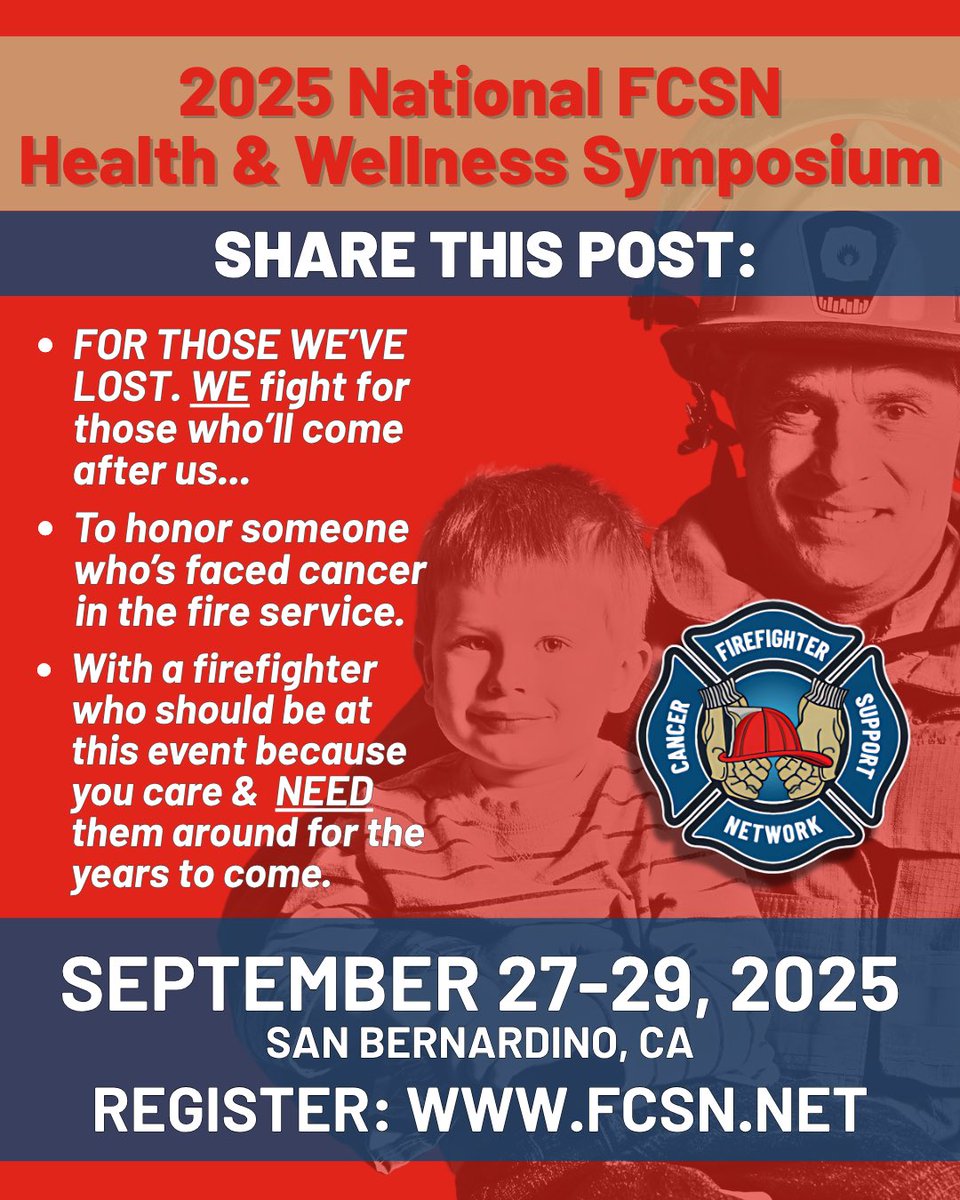 📢 SHARE THIS POST
For those we’ve lost. For those who’ll come after us…
🎟️ Register now: tinyurl.com/3bshjdrz
The FCSN National Health &amp; Wellness Symposium is how we fight back.
📅 Sept 27–29 · San Bernardino, CA

❤️ Share to honor a firefighter who’s faced cancer.