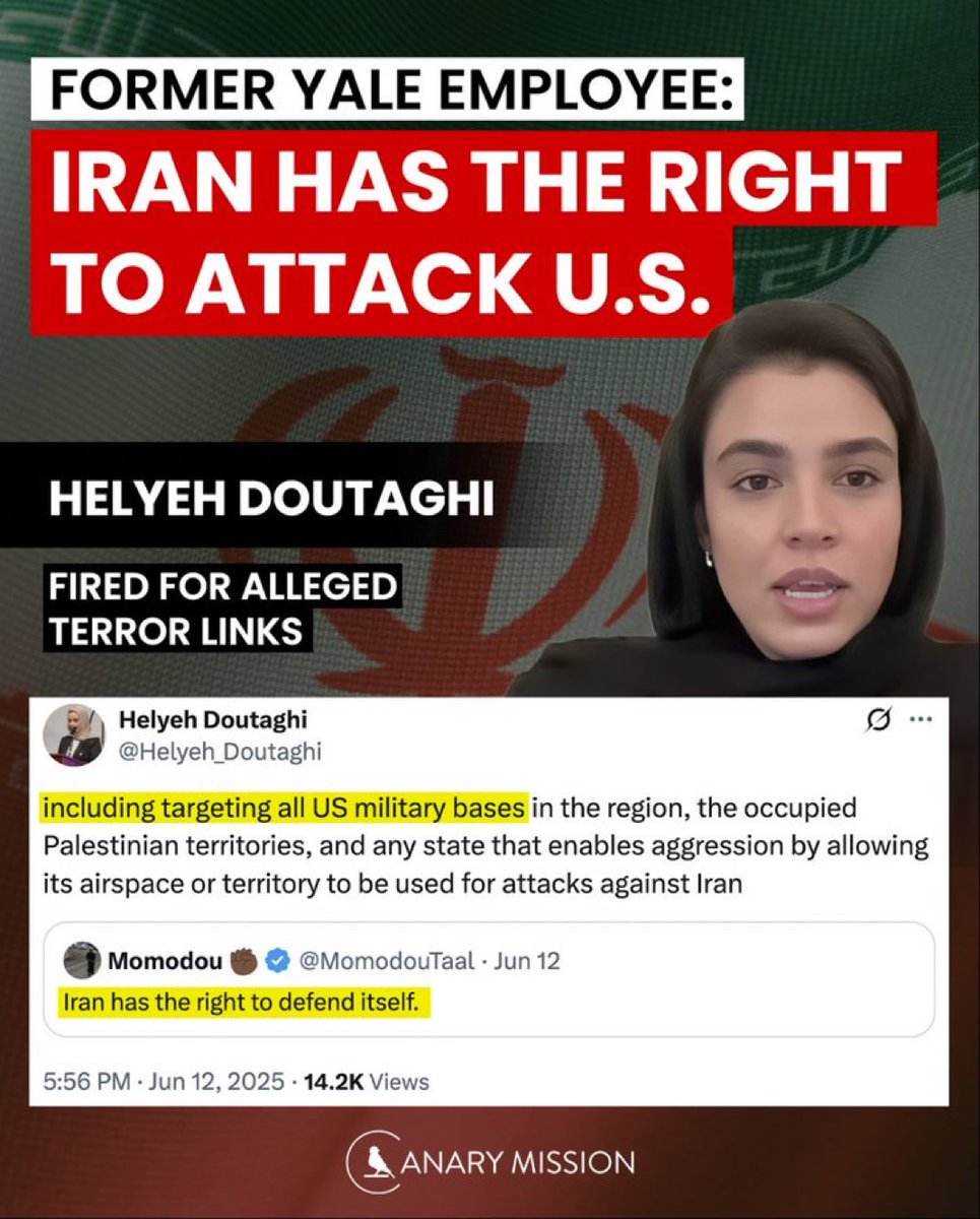 Shirion Collective (@shirionorg) on Twitter photo 🚨RIGHT NOW: FIRED YALE LAW STAFFER SAYS IRAN SHOULD STRIKE U.S. BASES
She wants as many Americans murdered as possible. 
👉Please SHARE <a href="/DHSgov/">Homeland Security</a> <a href="/FBI/">FBI</a>. 
Helyeh Doutaghi openly promotes foreign attacks on American troops and she once worked at Yale Law.
This isn’t a slip. 🚨RIGHT NOW: FIRED YALE LAW STAFFER SAYS IRAN SHOULD STRIKE U.S. BASES
She wants as many Americans murdered as possible. 
👉Please SHARE <a href="/DHSgov/">Homeland Security</a> <a href="/FBI/">FBI</a>. 
Helyeh Doutaghi openly promotes foreign attacks on American troops and she once worked at Yale Law.
This isn’t a slip.